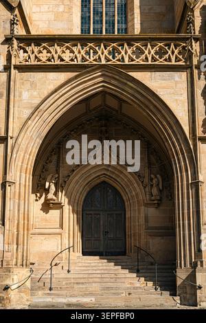 Erfurt, Germania - 27 marzo 2026. Ingresso laterale della cattedrale gotica con scalini in pietra, archi a punta, statue scolpite, ringhiere decorative e un sunlig caldo Foto Stock