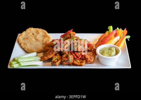 Ali di pollo arrosto impanato guarnite con verdure. Il contorno è pancake, pepe, asparagi e salsa di avocado. Il cibo è su un'isol bianca Foto Stock