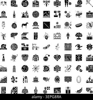 Ampia serie di icone dettagliate di glifi neri, raffiguranti un'ampia gamma di argomenti e concetti dal business, alla tecnologia, alla cultura, alla natura e alla guarigione Illustrazione Vettoriale