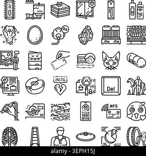 Set di diverse icone di line art che illustrano apparecchiature, oggetti e concetti astratti comuni, perfetto per la progettazione di interfacce Web, ed elemen infografici Illustrazione Vettoriale