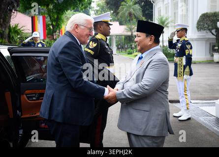 Giacarta, Indonesia. 15 giugno 2026. Il presidente tedesco Frank-Walter Steinmeier (sinistra) è accolto al Palazzo Presidenziale da Prabowo Subianto, presidente dell'Indonesia. Durante il suo tour di quattro giorni in Asia, il presidente Steinmeier e sua moglie stanno visitando Indonesia, Filippine e Uzbekistan. Crediti: Bernd von Jutrczenka/dpa/Alamy Live News Foto Stock