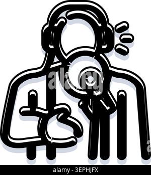 Persona che trasmette un podcast o un programma radiofonico, comunica contenuti audio mentre indossa le cuffie e tiene in mano un microfono, simboleggiando i prodotti multimediali Illustrazione Vettoriale