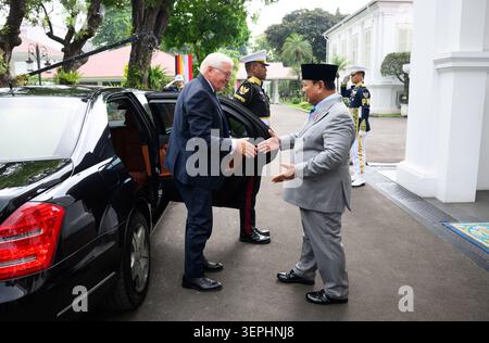 Giacarta, Indonesia. 15 giugno 2026. Il presidente tedesco Frank-Walter Steinmeier (sinistra) è accolto al Palazzo Presidenziale da Prabowo Subianto, presidente dell'Indonesia. Durante il suo tour di quattro giorni in Asia, il presidente Steinmeier e sua moglie stanno visitando Indonesia, Filippine e Uzbekistan. Crediti: Bernd von Jutrczenka/dpa/Alamy Live News Foto Stock