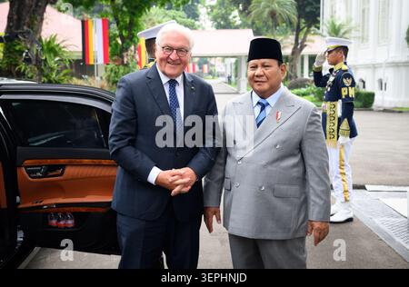 Giacarta, Indonesia. 15 giugno 2026. Il presidente tedesco Frank-Walter Steinmeier (sinistra) è accolto al Palazzo Presidenziale da Prabowo Subianto, presidente dell'Indonesia. Durante il suo tour di quattro giorni in Asia, il presidente Steinmeier e sua moglie stanno visitando Indonesia, Filippine e Uzbekistan. Crediti: Bernd von Jutrczenka/dpa/Alamy Live News Foto Stock