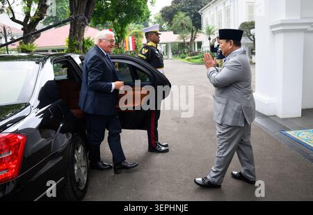Giacarta, Indonesia. 15 giugno 2026. Il presidente tedesco Frank-Walter Steinmeier (a sinistra) è accolto da Prabowo Subianto, presidente dell'Indonesia, al Palazzo Presidenziale. Durante il suo tour di quattro giorni in Asia, il presidente Steinmeier e sua moglie stanno visitando Indonesia, Filippine e Uzbekistan. Crediti: Bernd von Jutrczenka/dpa/Alamy Live News Foto Stock