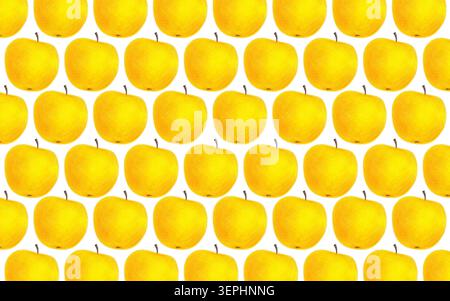 Un motivo realizzato con matite colorate con mele in un colore giallo brillante. Il design è pieno di mele disposte in linee pulite, per creare un look divertente. Foto Stock