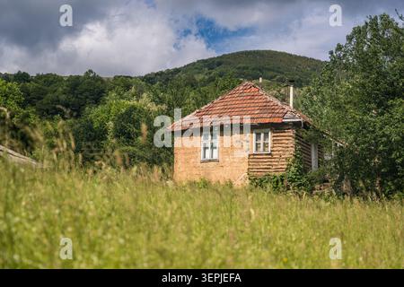 Paesaggio di montagna panoramico dal picco Midzor sulla Stara Planina (montagna Vecchia), con verdi pendii escursionistici, creste rocciose, valli boscose, cielo blu, e. Foto Stock