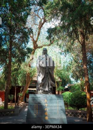Tempio confuciano Wuwei a Gansu. Le scene principali includono il corridoio centrale fiancheggiato da antichi cipressi, porta del tempio dipinta, porte rosse in legno Foto Stock