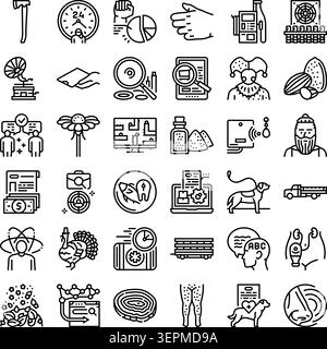 Diverse icone di line art che illustrano vari concetti, tra cui gestione del tempo, analisi dei dati, comunicazione, sicurezza digitale, agricoltura, cibo, Illustrazione Vettoriale