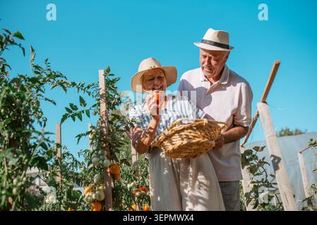 Una coppia anziana che lavora in giardino come hobby. Foto Stock