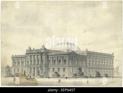 Un disegno architettonico presenta la biblioteca di Strasburgo da sud-ovest, che mostra la facciata principale con ritmo colonna, la cupola centrale sopra la sala lettura e le ali posteriori di stoccaggio che formano una composizione civica equilibrata all'interno del progetto architettonico di Hartel e Neckelmann del 1888. Foto Stock