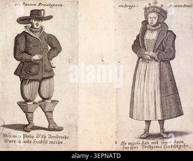 Un'incisione del 1668 presenta una coppia vestita con il tradizionale costume da sposa rurale di Strasburgo, registrando abiti da sposa regionali in Alsazia con abiti dettagliati indossati dalla sposa e dallo sposo in un ambiente culturale rurale germanico durante la prima Europa moderna Foto Stock
