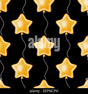Acquerello luminoso motivo senza cuciture con palloncini a forma di stella dorata. Sfondo delle feste disegnato a mano per compleanno, inviti a feste, design per bambini, Foto Stock