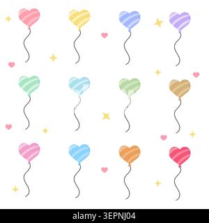 Graziosa collezione di elementi vettoriali a forma di palloncino con cuore a righe, isolata su sfondo bianco. Dolce e pastello dolce Love Flying bundle con stelle per vale Illustrazione Vettoriale
