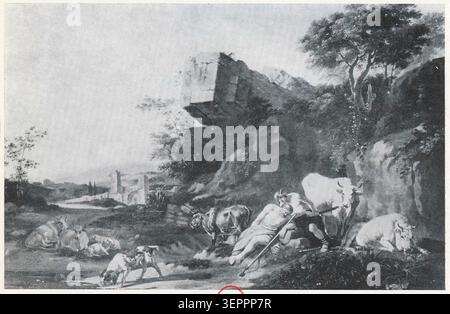 Un disegno registra mercurio che appare ad Argus mentre dorme accanto al suo gregge, presentando una scena mitologica composta da Pieter van der Leeuw all'interno di un ambiente narrativo classico. Foto Stock