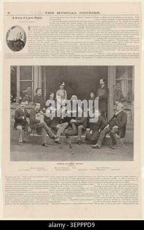 Una composizione formale di gruppo presenta Franz Liszt a fianco di allievi e associati favoriti, organizzando pianisti e assistenti di spicco in un cerchio strutturato che riflette la pedagogia pianistica europea del XIX secolo e le reti di mentoraggio che circondano il compositore. Foto Stock