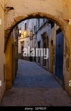 Mentre il crepuscolo si deposita su Essaouira, in Marocco, uno stretto vicolo acciottolato si snoda attraverso antichi archi e porte delicatamente illuminate, catturando il tempo della città Foto Stock