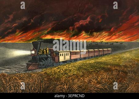 Prairie Fire, Train on Railway, American West, Currier & Ives, Vintage Illustration, 1872 Foto Stock