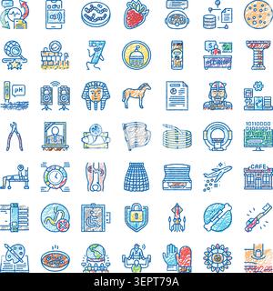 Set di icone di stile disegnate a mano che mostra un'ampia gamma di argomenti, tra cui tecnologia, medicina, cibo, natura, arte, e oggetti di uso quotidiano per vari design Illustrazione Vettoriale