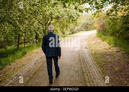 Uomo anziano che cammina lentamente lungo un sentiero tortuoso in natura, guardando avanti Foto Stock