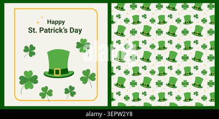 Set coordinato con un modello per biglietti d'auguri e motivo shamrock senza cuciture in stile moderno e piatto. Ideale per imballaggi, cancelleria, sistemi di branding, prodotti digitali e collezioni di illustrazioni vettoriali. Illustrazione Vettoriale