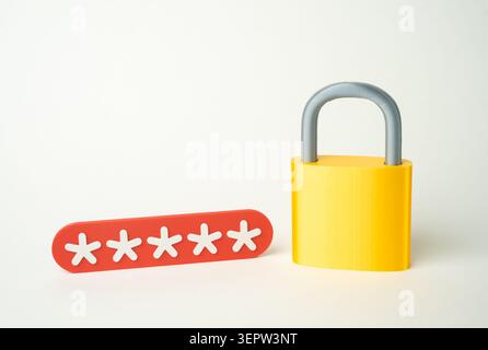 Lucchetto e password asterisco che simboleggiano la sicurezza informatica e la protezione dell'account. Autenticazione a due fattori, accesso sicuro, verifica dell'identità e dati Foto Stock