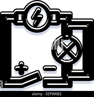 Schema elettrico che illustra il flusso di energia e la generazione di potenza con il simbolo di un fulmine e i terminali plusminus, ideali per i concetti di ele Illustrazione Vettoriale