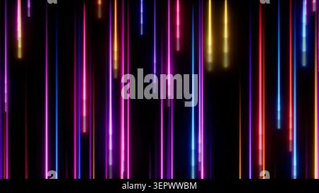 Striature di luce al neon astratte su sfondo nero con linee verticali brillanti e colori vivaci Foto Stock