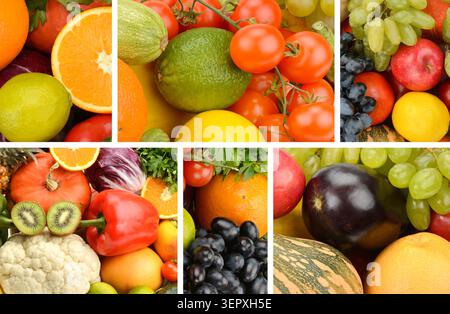 Questo vivace collage fotografico presenta un vasto assortimento di frutta e verdura fresca in primo piano. Foto Stock