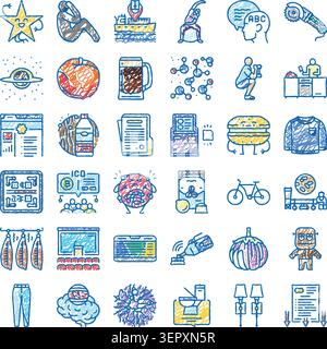 Icone disegnate a mano che illustrano educazione, scienza, finanza, fitness, salute, alimenti, bevande e simboli vari, raffiguranti un'ampia gamma di e Illustrazione Vettoriale