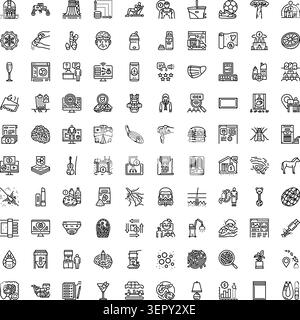 Serie diversificata di 100 icone di linea sottile che coprono vari aspetti della vita moderna, tra cui tecnologia, finanza, viaggi, salute, cibo e attività quotidiane, Illustrazione Vettoriale