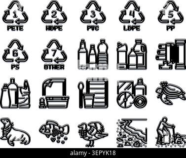 Varie icone che illustrano i simboli di riciclaggio per diversi tipi di plastica, insieme a immagini che rappresentano i rifiuti, l'inquinamento che influisce sulla vita marina ed e Illustrazione Vettoriale