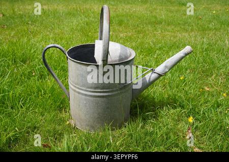 vecchia lattina da irrigazione metallica sul prato erboso. attrezzi da giardinaggio per innaffiare piante e fiori Foto Stock