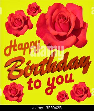 Tessera di buon compleanno, rosa rossa su sfondo giallo forma la parola compleanno con lettere Foto Stock