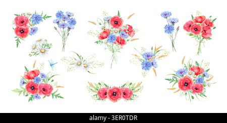 Mazzi di fiori selvatici con papaveri rossi, fiordalisi blu e camomille, set di illustrazioni isolate ad acquerello. Falesia di fiori di prato disegnata a mano per summ Foto Stock