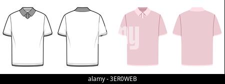 Polo minimal con colletto pulito, maniche corte silhouette liscia dettaglio semplice e struttura raffinata. Illustrazione tecnica di moda in bianco e nero, viste frontali posteriori. Vettore Illustrazione Vettoriale
