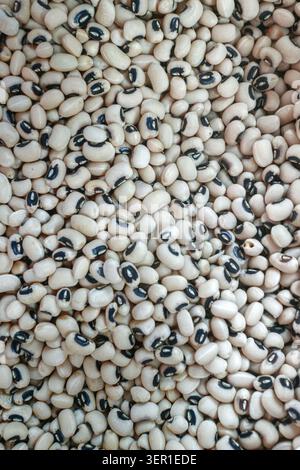Vista ravvicinata a tutto campo della texture di fondo dei piselli neri non cotti. Risorsa fotografica ad alto angolo per la raccolta di legumi agricoli biologici. Foto Stock