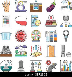 Raccolta di semplici icone raffiguranti la mano con quattro dita, sviluppo agile, contatore dell'acqua, melanzane, asciugatrice, elenco documenti, profilo utente, roo Illustrazione Vettoriale