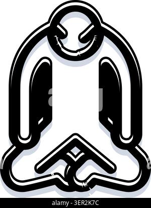 Persona meditante astratta in posa di loto, icona minimalista in bianco e nero che rappresenta yoga, consapevolezza, pace interiore, equilibrio, benessere, a. Illustrazione Vettoriale