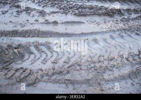 Vista ravvicinata dei segni profondi del battistrada degli pneumatici lasciati su terreno bagnato e fangoso. Struttura dettagliata della deformazione del suolo causata da movimenti pesanti del veicolo in fuoristrada o. Foto Stock