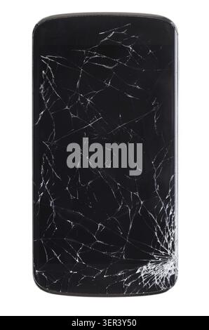 Smartphone moderno con schermo incrinato in un angolo, isolato su sfondo bianco Foto Stock
