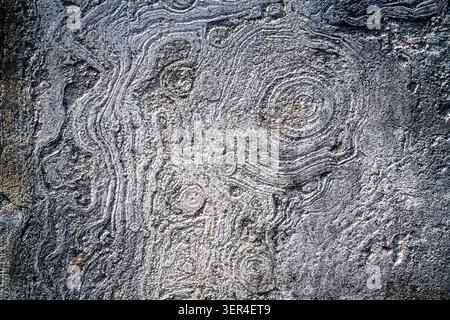 Primo piano della superficie in pietra naturale con motivi minerali stratificati e formazioni concentriche. Struttura geologica dettagliata adatta per sfondi Foto Stock