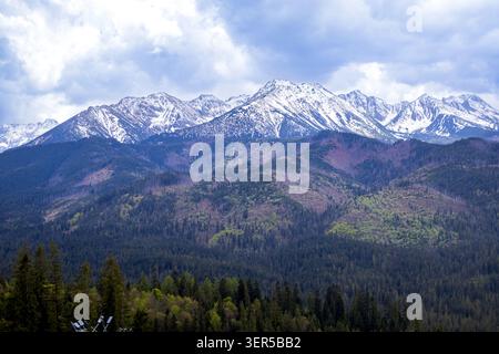 Vista panoramica delle montagne innevate degli alti Tatra in primavera. Suggestivo paesaggio alpino, bellezze naturali e destinazione turistica Foto Stock