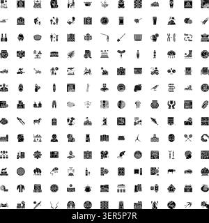 Insieme di oltre 100 icone vettoriali che descrivono concetti di business, natura, cibo, tecnologia e viaggi, ideale per vari siti web e applicazioni Illustrazione Vettoriale