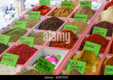 La vivace banchina del mercato che presenta una serie di spezie in contenitori etichettati, tra cui zafferano, cumino e peperoncino, creando un colorato espiratore visivo Foto Stock