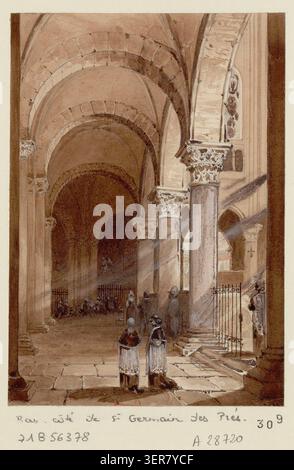 Vista interna della navata laterale della chiesa di Saint-Germain-des-Prés a Parigi presenta capitelli corinzi, colonne architettoniche e dettagli strutturali ecclesiastici all'interno di uno studio architettonico disegnato del XIX secolo dell'interno della chiesa. Foto Stock