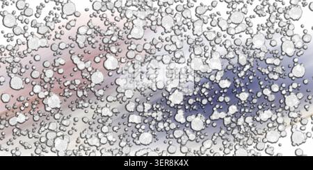 Uno sfondo artistico astratto caratterizzato da numerose forme bianche, testurizzate e circolari sparse su un morbido gradiente diagonale di blu e rosso chiaro. Foto Stock