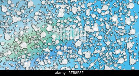 Sfondo artistico digitale con numerose particelle circolari bianche, testurizzate sparse su uno sfondo blu brillante e sfumato color verde acqua. Foto Stock