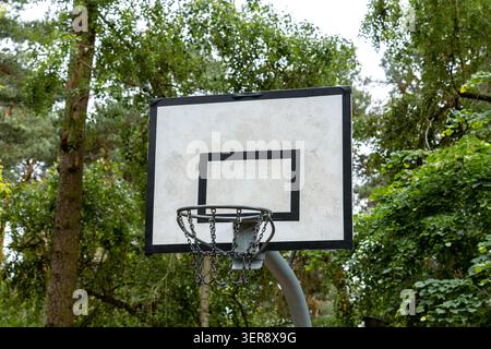 Canestro da basket all'aperto con rete metallica a catena nell'ambiente del parco. Una tavola posteriore bianca con un bordo metallico e una rete a catena Foto Stock