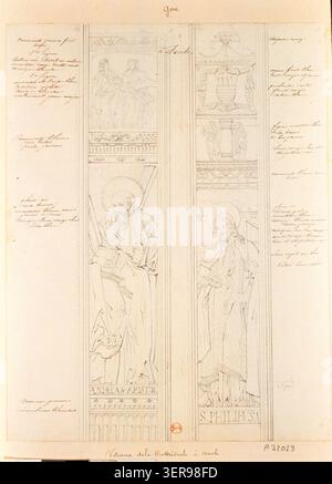 Un disegno registra le vetrate colorate della Cattedrale di Sainte-Marie ad Auch che mostrano i Santi Andrea e Filippo all'interno di uno schema decorativo ecclesiastico del XVI secolo di vetrate interne della cattedrale. Foto Stock